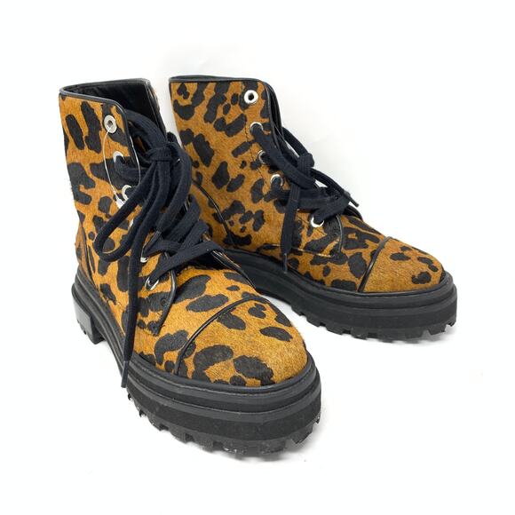 Schutz Women's Size 7.5 Maylova Lug Sole Leopard Print Combat Boots Tan Black